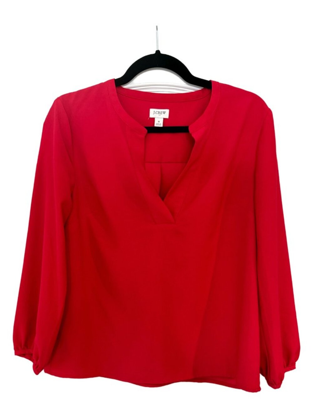 J.Crew Red Split Neck Popover Blouse Long Sleeve Crepe Pleated Back Women's S